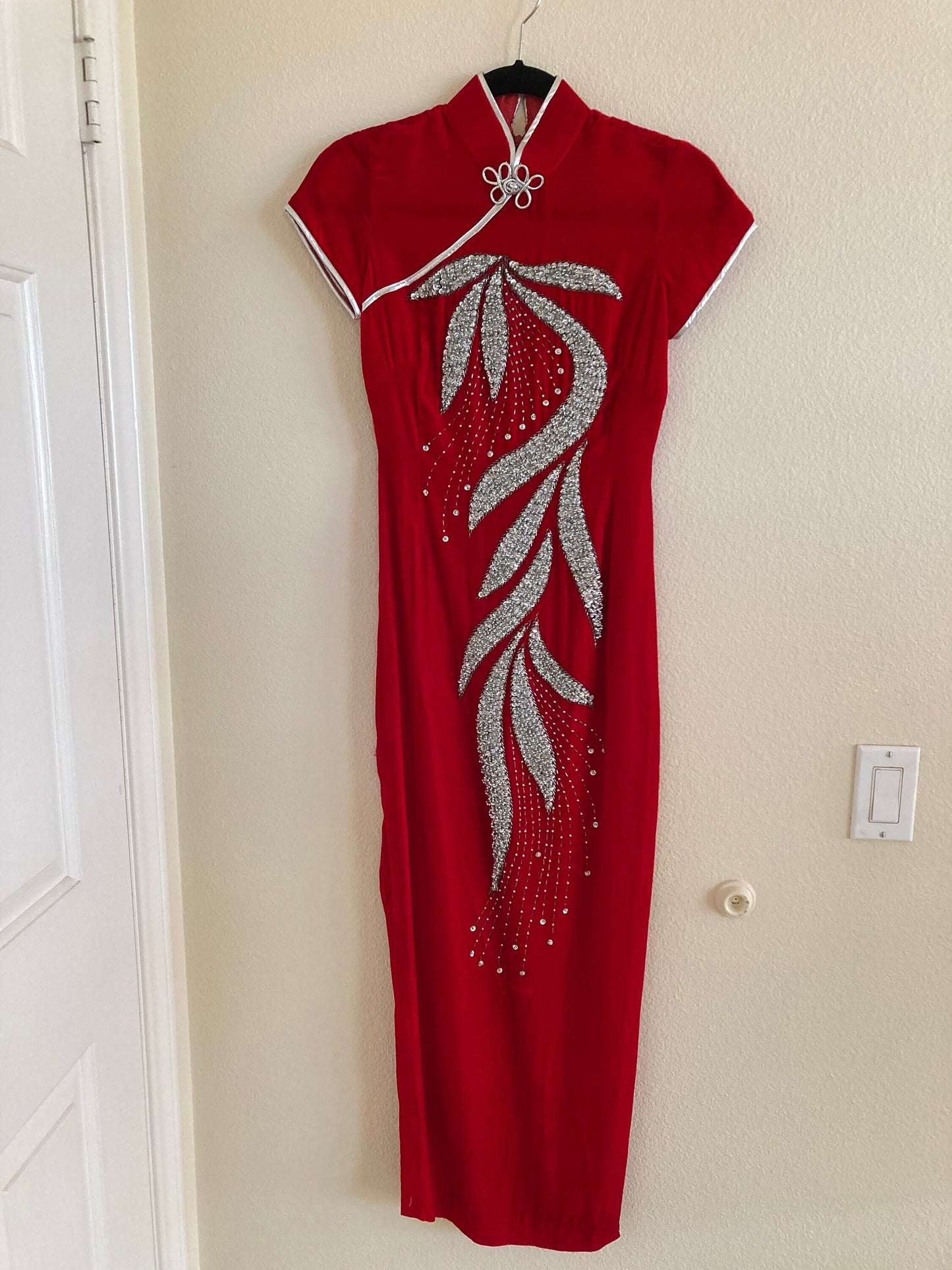 Vintage red velvet Asian inspired ankle length dress