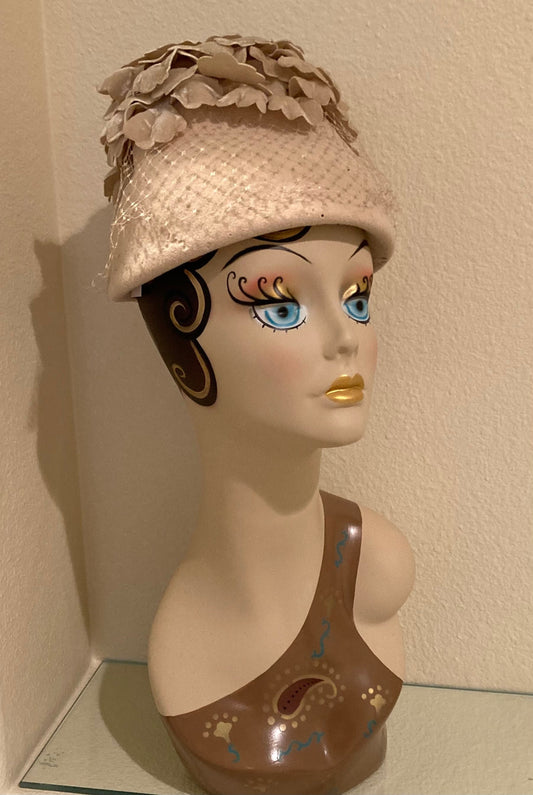 50s vintage tan felt with velvet flowers hat