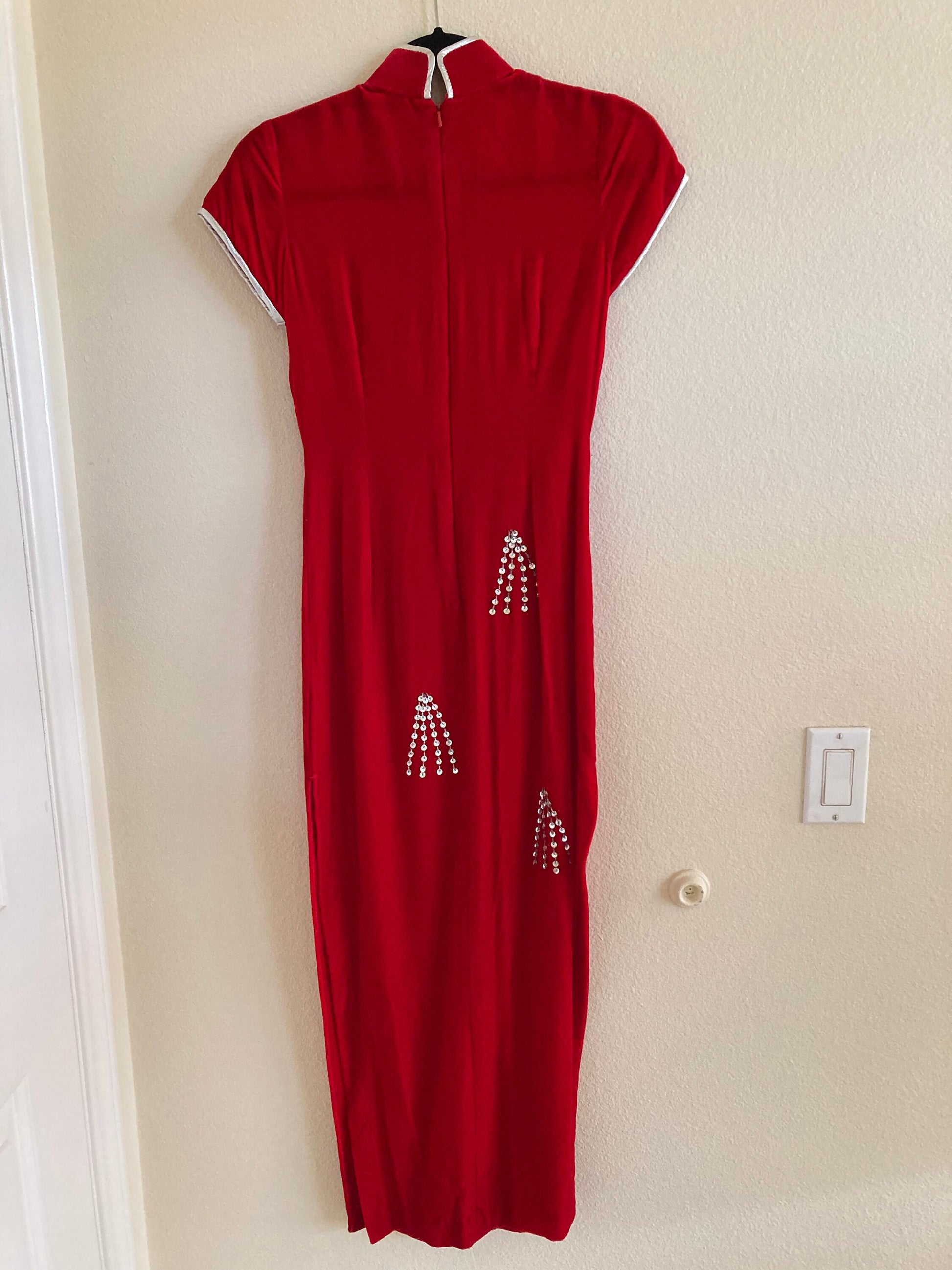 Vintage red velvet Asian inspired ankle length dress