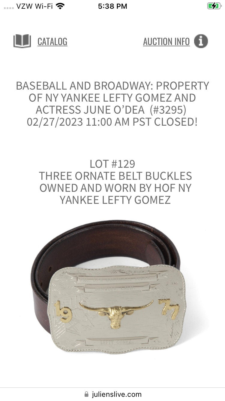 NY Yankees hall of famer lefty Gomez ornate belt buckle